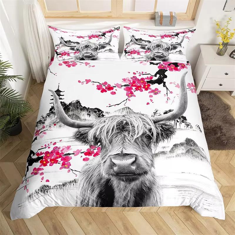 Kids Highland Cattle Flower Duvet Cover Set Farm Animal Bull Cow Comforter Cover Microfiber Western Cowboy Twin King Bedding Set