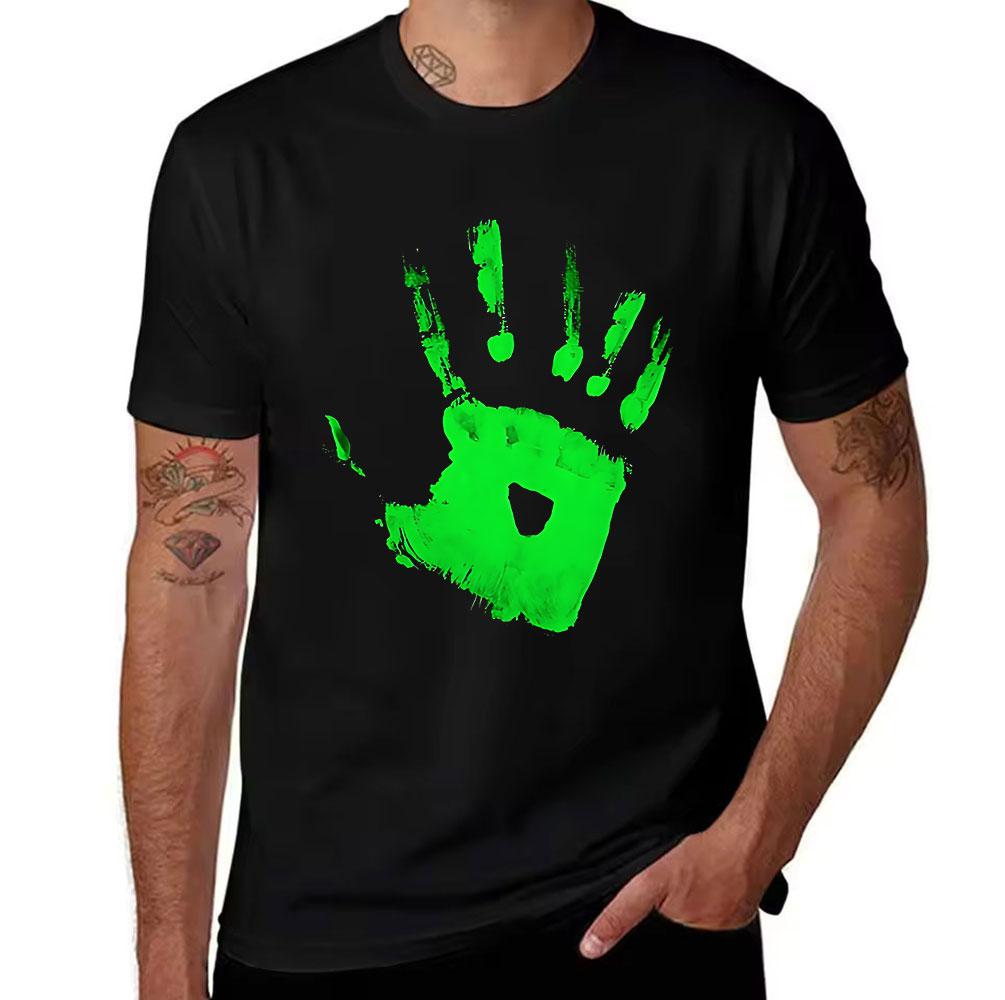 Unisexs Cotton Tshirt With Green Handprint Graphic Casual Short Sleeve Crewneck Tee For Daily Wear Streetwear
