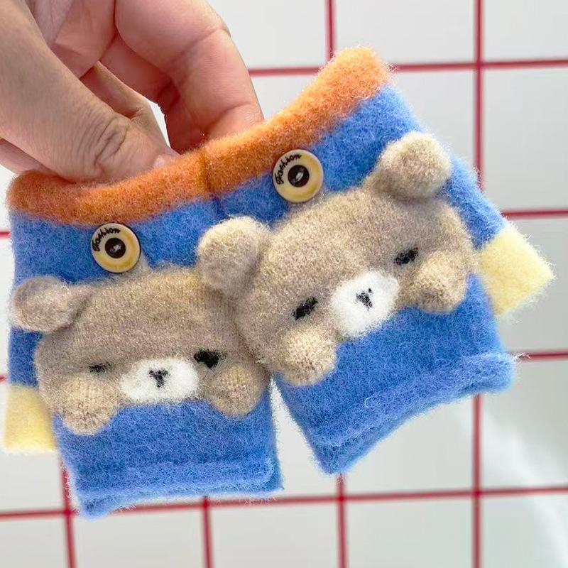 Детские перчатки зимние детские милые мультяшные с открытыми пальцами откидные двойного назначения для мальчиков и девочек утолщенные теплые вязаные перчатки