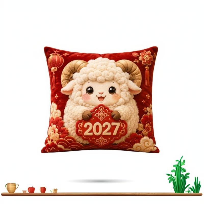 Sheep Plush Throw Pillow Soft Fluffy 2027 Lunar New Year Decorative Cushion for Sofa Bed Office Holiday Gift