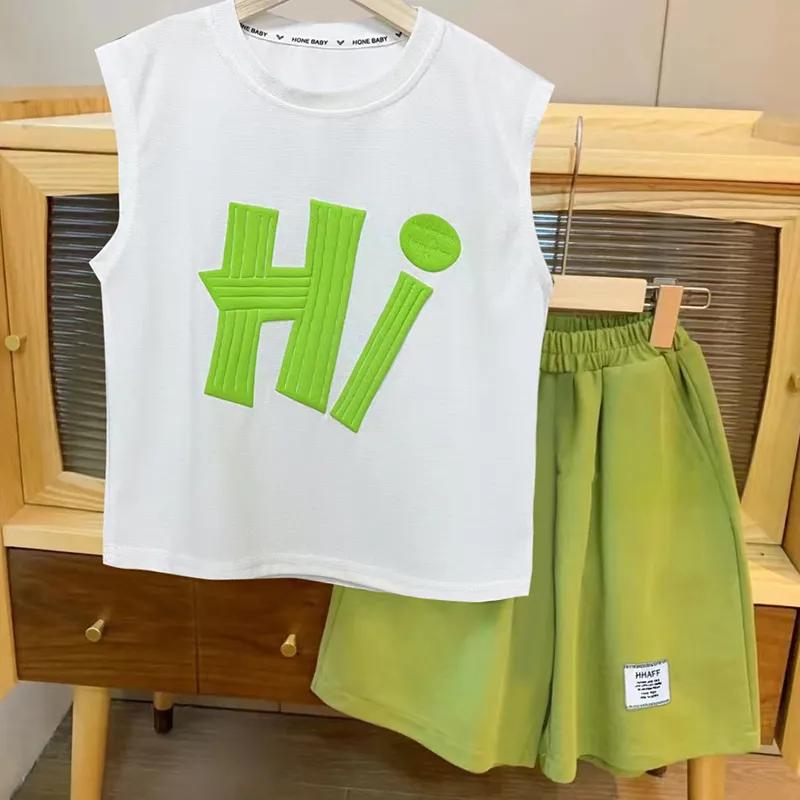 Детский костюм с короткими рукавами, летний жилет и шорты, спортивный костюм из двух частей для мальчиков