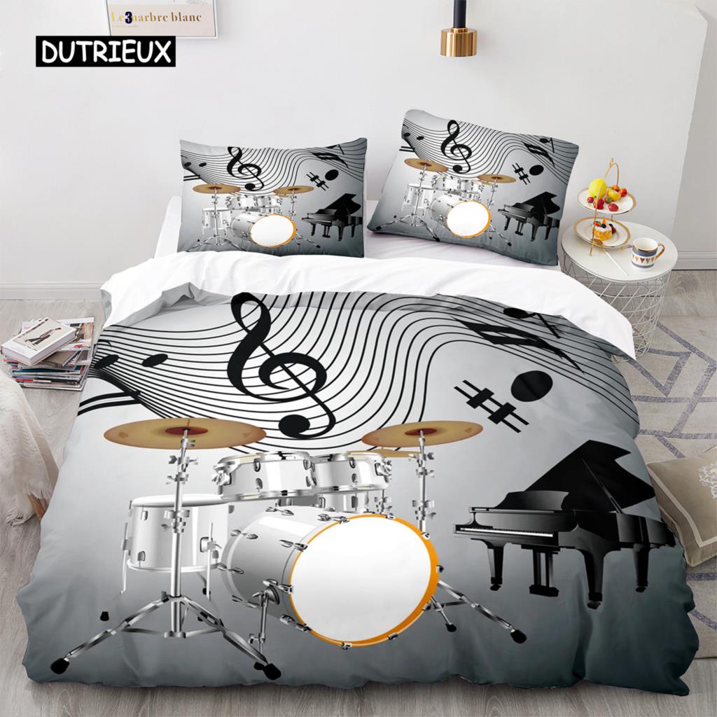 Drum Kit Duvet Cover Set Classical Music Comforter Cover Musical Instrument Lightning Pattern Quilt Cover for Kids Boys Teens