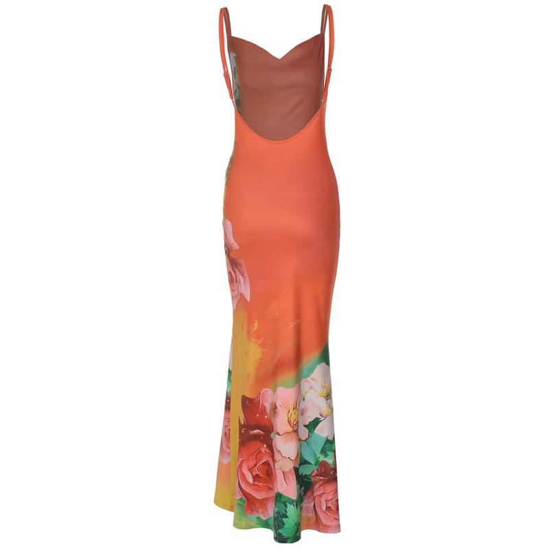 Women Elegant Sleeveless Floral Printed Bodycon Backless Long Dress 2024 Summer Clothes Wholesale Items For Business