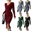 Women's Fashion Ribbed Knitted Bodycon Wrap Midi Dress With V-Neck, Long Sleeves, Button Detail And Slim Fit