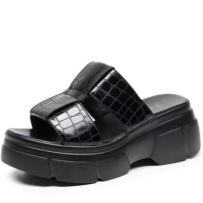 Размер 35-41. Босоножки из лакированной кожи на танкетке и платформе с высоким каблуком. Летние женские тапочки с открытым носком и толстой подошвой черного и белого цвета.