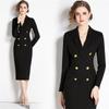 New Fashion Autumn Office Lady Dresses In Black Color Temperament Slim High Waist Double Breasted Knee Length Hepburn Vestidos