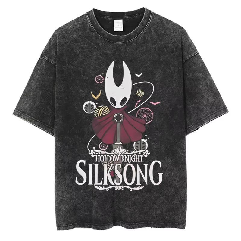 Игровая футболка Hollow Knight Винтажная стираная Мужская Женская Повседневная Оверсайз С круглым вырезом Короткий рукав Мужская футболка 100% Хлопок