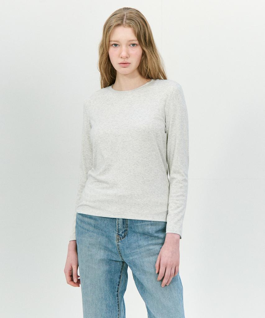 BASIC HOUSE Women'S Regular Fit Crew Neck Long Sleeve Tee Light Grey Lzts3215