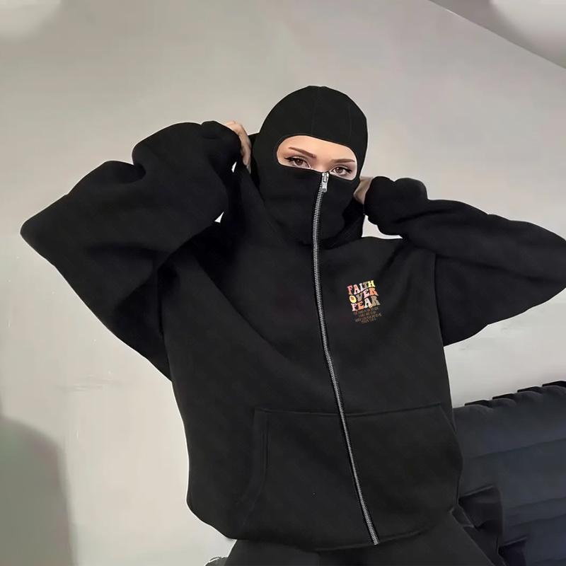 Outdoor Sports Retro Men's Autumn and Winter Alphabet Printed zipper Hooded Fleece Versatile Sports Casual Loose Hooded Sweater