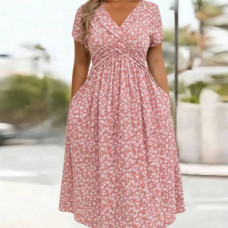 Elegant V Neck A Line Dress With Digital Print For Summer Casual Wear