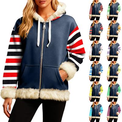 Женская Удобная Свободная Модная Повседневная Толстовка-Куртка с Длинным Рукавом, Карманами и Капюшоном с Полосатым Принтом