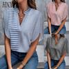 Летний женский пуловер с V-образным вырезом, с короткими рукавами, в полоску, повседневная женская рубашка