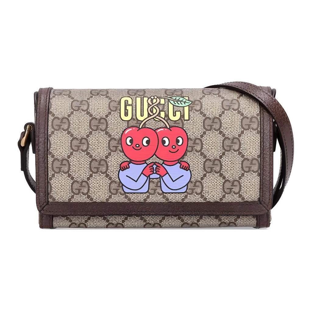 Gucci Cherry Print Logo Leather Trim Supreme Canvas Box Bag Men Shoulder Bag Brown 700733-U5TAG-8679