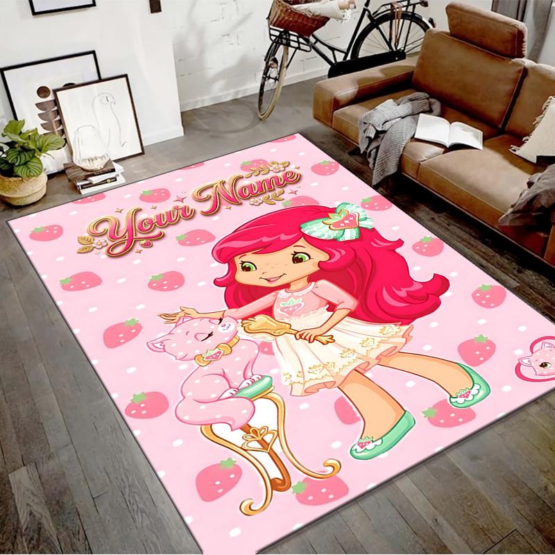 Princess Strawberry Design Area Rug Personalized Name- Non-Slip, Soft & Cozy Floor Mat for Living Room, Office - Indoor/Outdoor Carpet