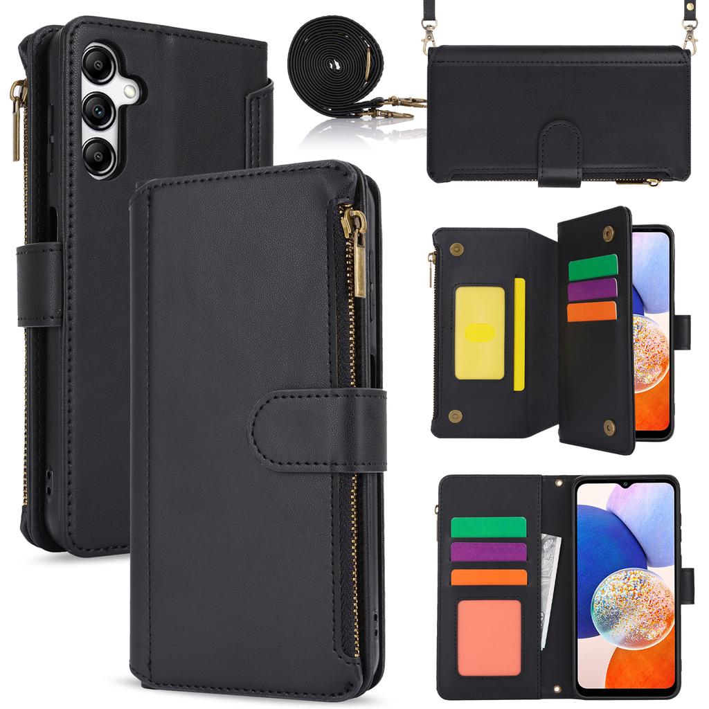 Multi Card Zippered Wallet with Short Hand Rope and Long Hanging Rope Phone Cover Case for iPhone Series/Samsung Series