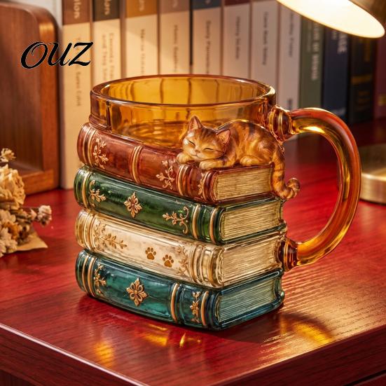Fun Themed Drinkware for Reading Nooks 3D Stacked Vintage Book Glass Mug, Cute Cat Design Stack Shaped Creative Coffee Cup, Decorative Home And Office