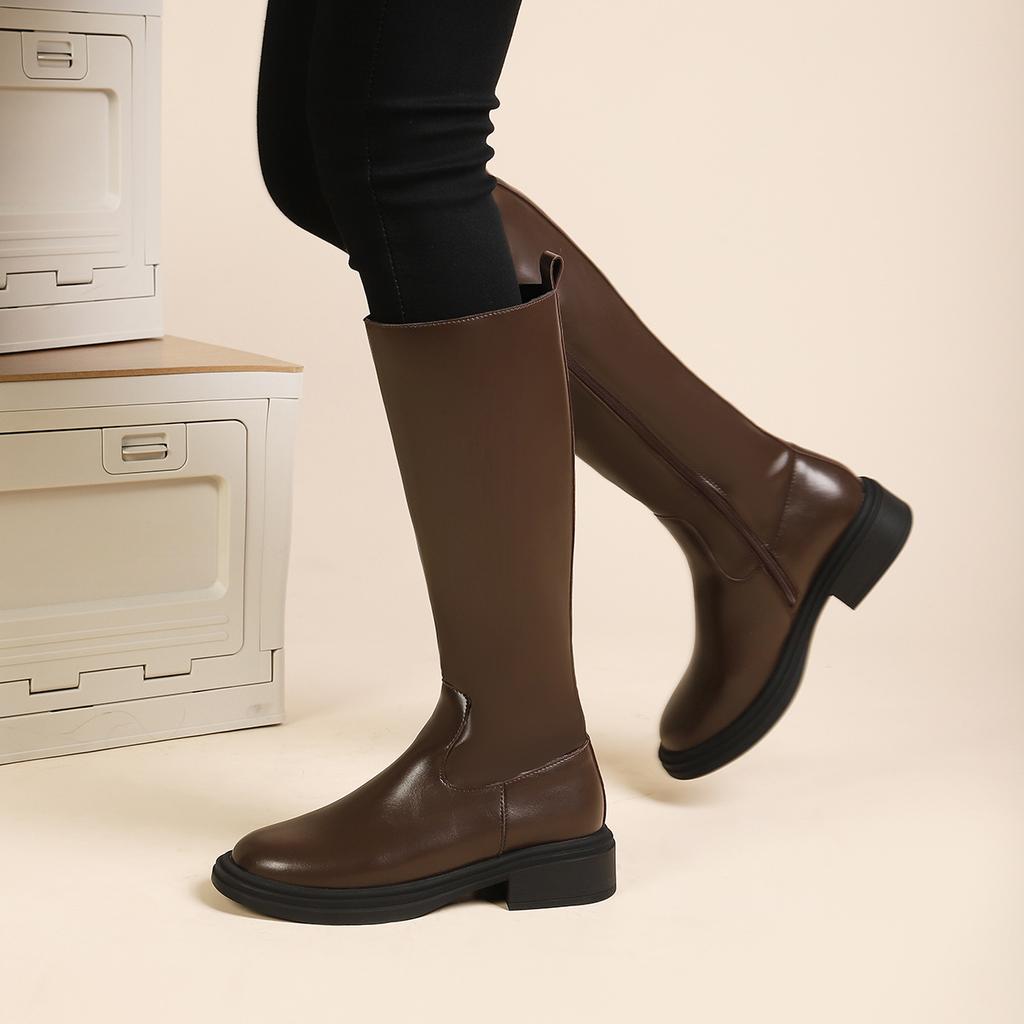 Утягивающие рыцарские сапоги женские сапоги осень и зима новые круглые сапоги с толстой подошвой высокие сапоги ниже колена женские