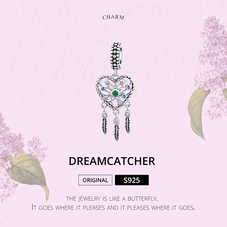 BAMOER Bohemian Style Dream Catcher 925 Sterling Silver Bead for Jewelry Making Feather Tassel Charm