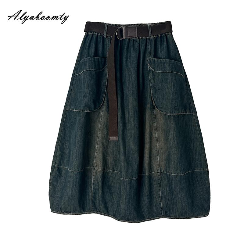 Плюс размер весна осень женская джинсовая юбка с высокой талией стираная хлопковая мешковатая юбка винтажная джинсовая юбка с поясом и карманами