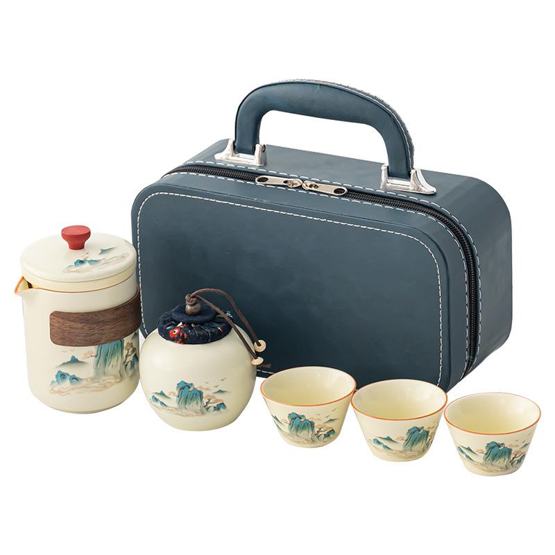 Ru Kiln Travel Tea Set, Outdoor Portable Ceramic Express Cup with Teapot, Tea Can, Leather Bag, Business Gift.