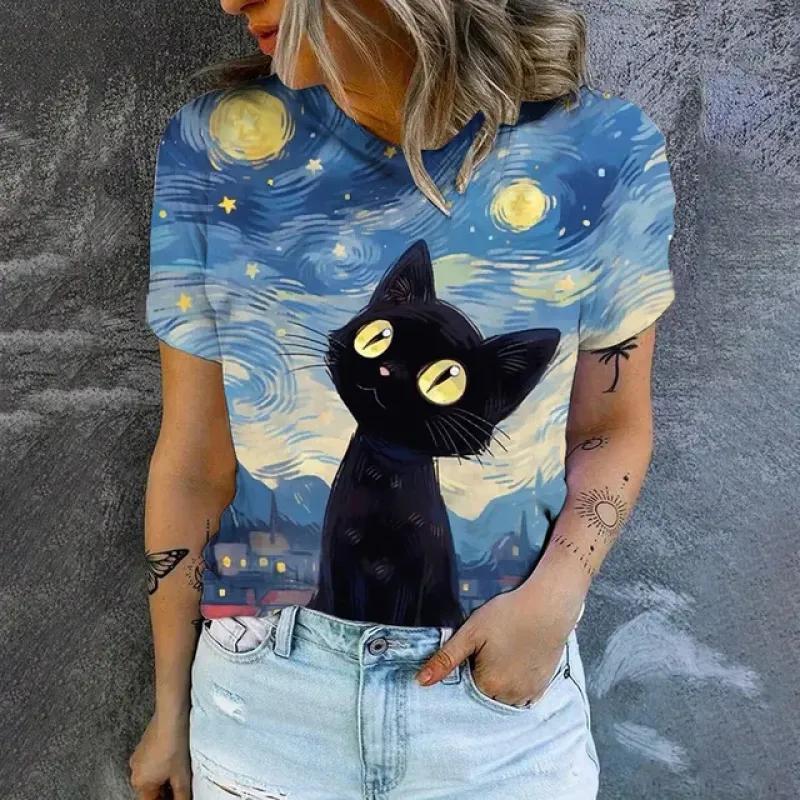 Cute Cat Print High Quality Short Sleeve Street Fashion Loose Round Neck T-shirt Summer New Casual Comfortable Women's T-shirt