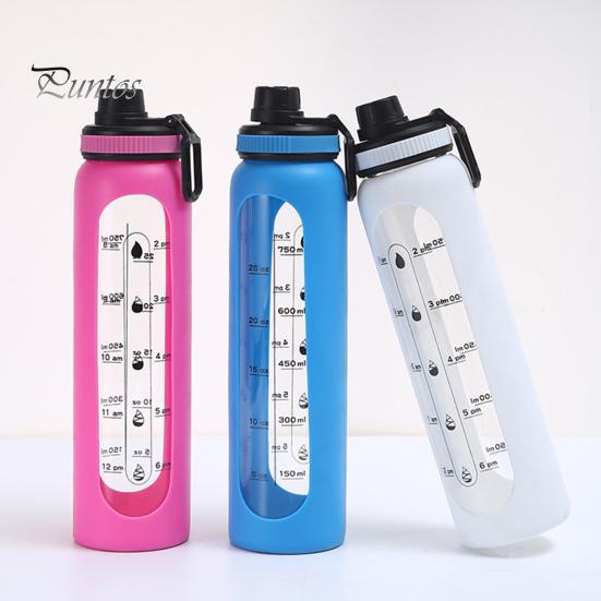 Стеклянная бутылка для воды с силиконовым чехлом и маркером времени 1000 мл, герметичная боросиликатная чашка для воды для спорта, фитнеса, офиса, горячих и холодных напитков без BPA, подарок