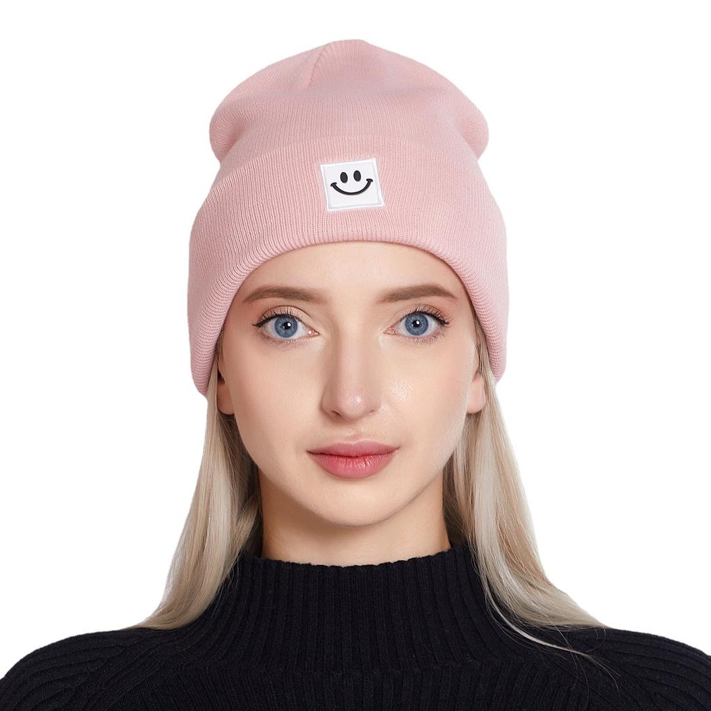 Women's Fashion Smiley Face Logo Hat Solid Color Knitted Hat Casual Outdoor Warm Beanie Men's Winter Hat