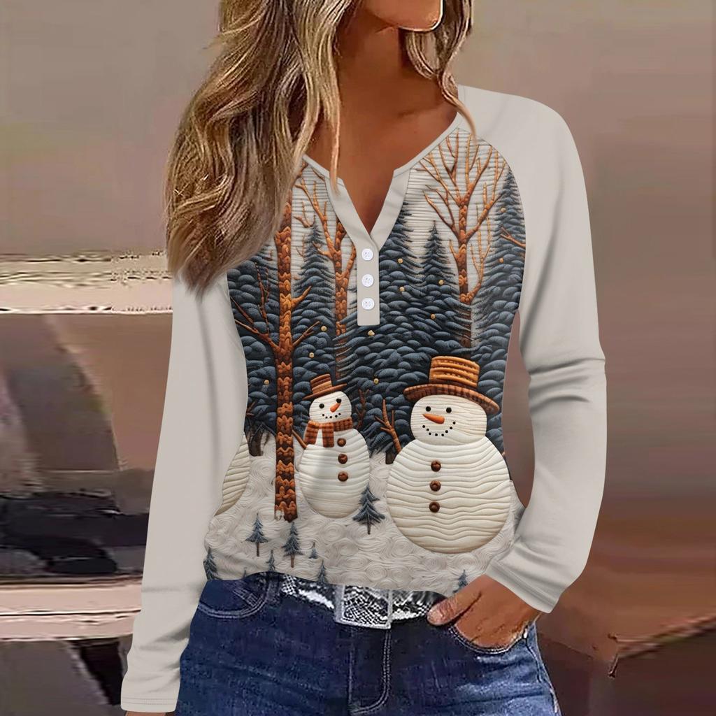 Женская мода повседневная рождественская печать V-образный вырез рукава реглан с декоративными пуговицами длинный рукав футболка топ
