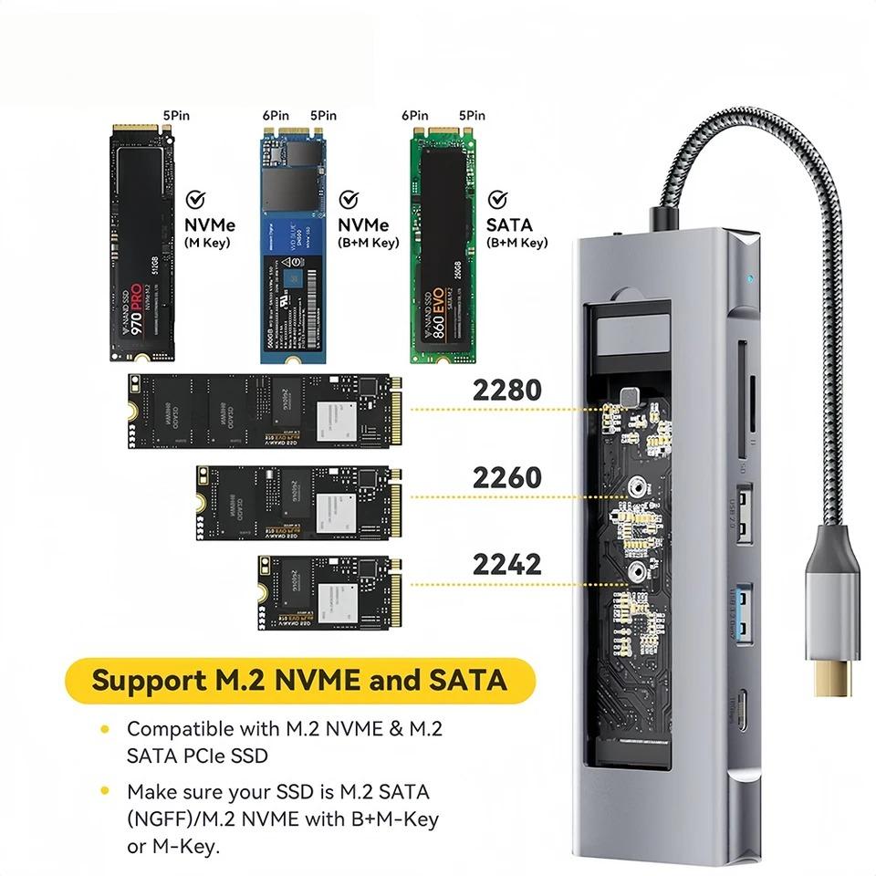 USB-хаб 8-в-1 корпус для M.2 NVMe SATA SSD накопителя USB3.2 Type-c к HDMI-совместимой док-станции для ноутбука USB-адаптер для Macbook