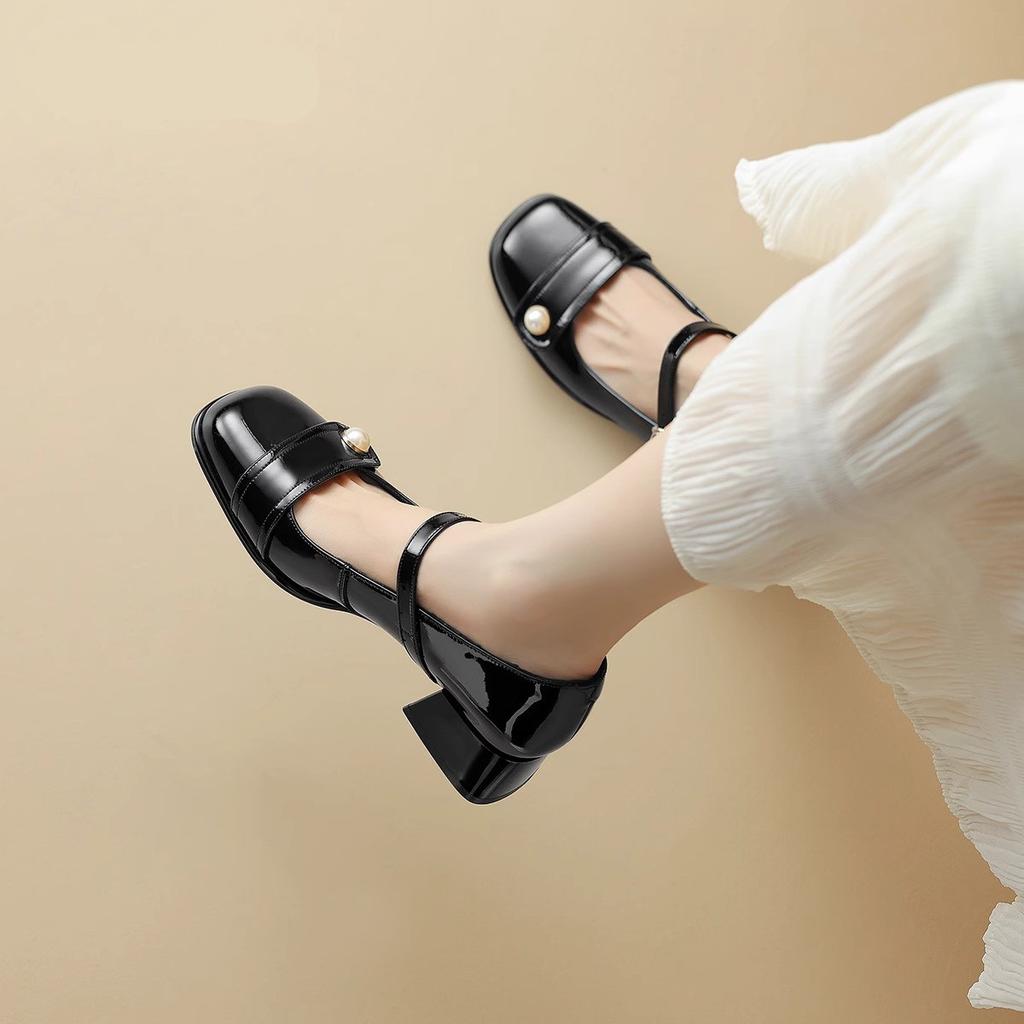 Французский темперамент Нежный легкий рот Одиночные туфли Фея Стиль Фея Квадратная Голова Толстый Каблук С Мэри Джейн Кожаные Туфли