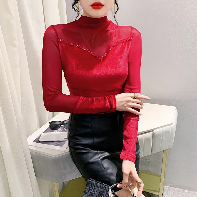 Осенняя приталенная футболка с бисерной лоскутной отделкой, полувысоким воротником и длинными рукавами для женщин