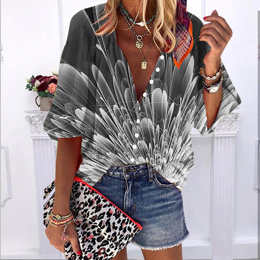 2023 Лето-Осень Новые модные женские топы с синими лепестками и принтом с половиной рукавом, повседневная рубашка больших размеров на пуговицах с объемными рукавами