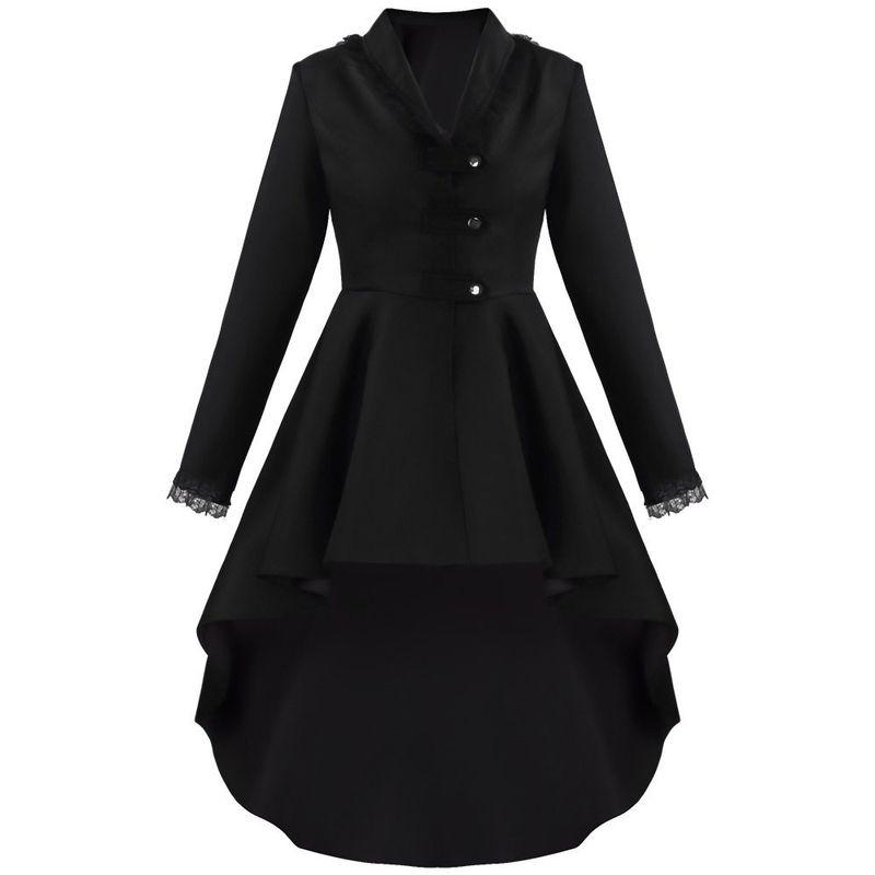 Medieval Retro Long Coat with Irregular Hem Swallowtail Design, Unique Buttons, Lace Trim Trench Coat Cosplay Outfit