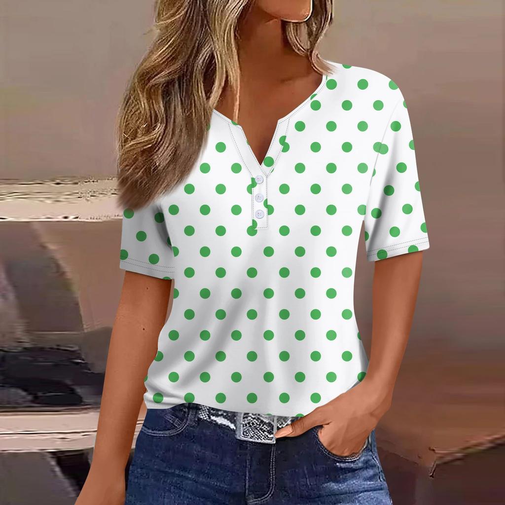 Women's Fashion Casual Solid Color Dot Print V-Neck Short Sleeve Decorative Button T-Shirt Top