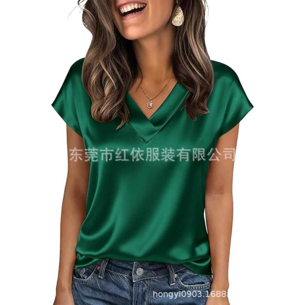 21-Color Women's Satin T-shirt Spring and Summer European and American Women's Clothing New V-neck Satin Casual Top Women