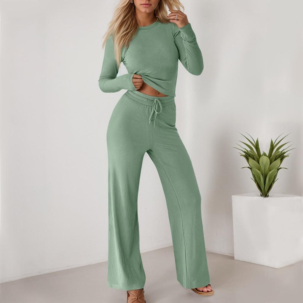 Женская спортивная одежда, повседневный короткий топ, длинные брюки, однотонный комплект из двух предметов, комплект с длинными рукавами