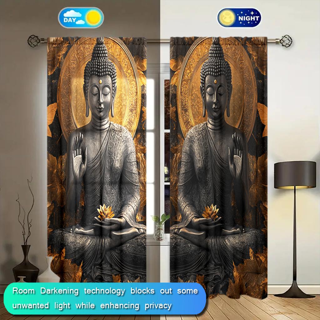 2pcs Shakyamuni Buddha Printed Curtain for Home Decor - Rod Pocket Window Treatment for Bedroom, Office, Kitchen, Living Room