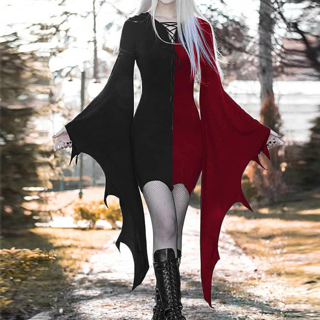 Women's Fashion Gothic Punk Patchwork Colour Wide Sleeve Strappy Dresses