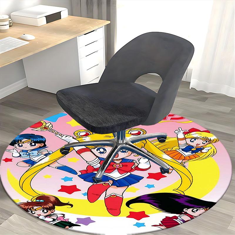 1pc Sailor Moon Anime Cartoon Design Round Carpet for Office Chair Mat, NonSlip Rug Suitable for Home Decor, Living Room, Bedroom