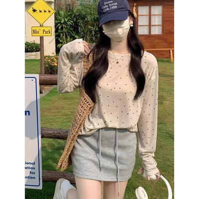 Футболка с круглым вырезом и длинными рукавами в абрикосовый горошек для женщин, летняя новинка, милая красотка, повседневный свободный тонкий солнцезащитный топ