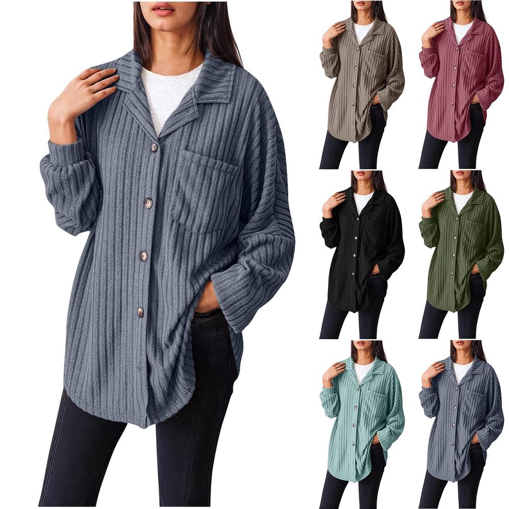 Women's Loose Fit Sleeve Ribbed Knit Button Down Shirt Shacket Boyfriend Shirt Jackets Tops