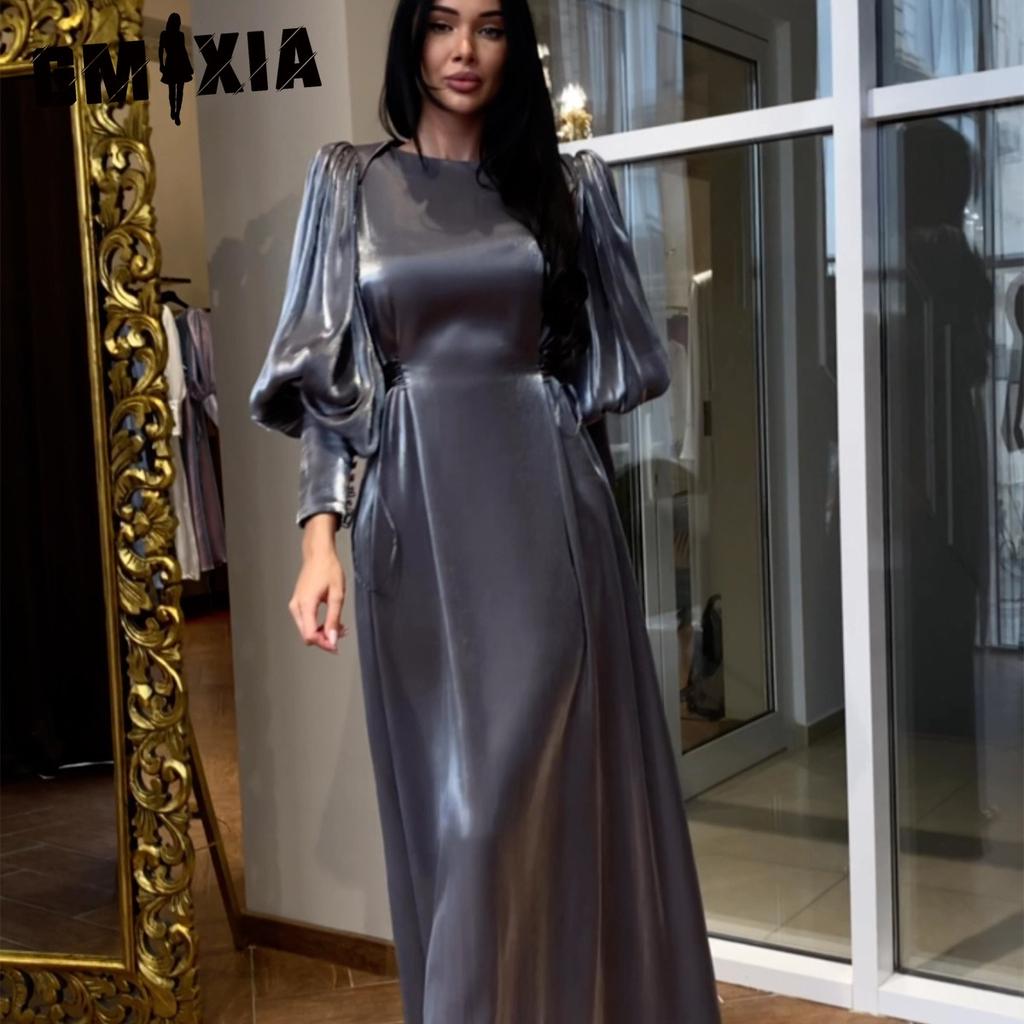 GMXIA Осеннее платье-фонарик с длинным рукавом из атласа, облегающее, со шнуровкой, для женщин