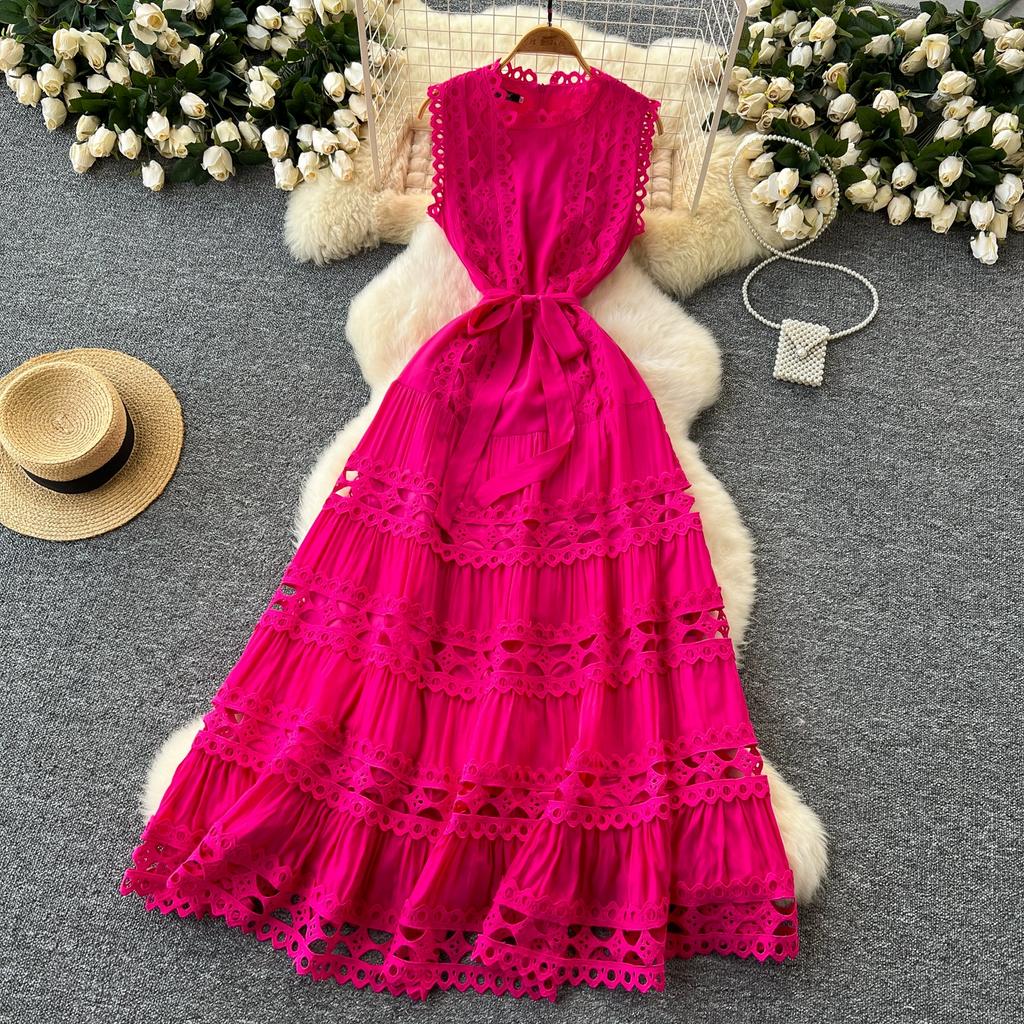 Summer Elegant Lace Spliced Embroidery Long Maxi Holiday Robe Women's Sleeveless Tank Wedding Party Dressess
