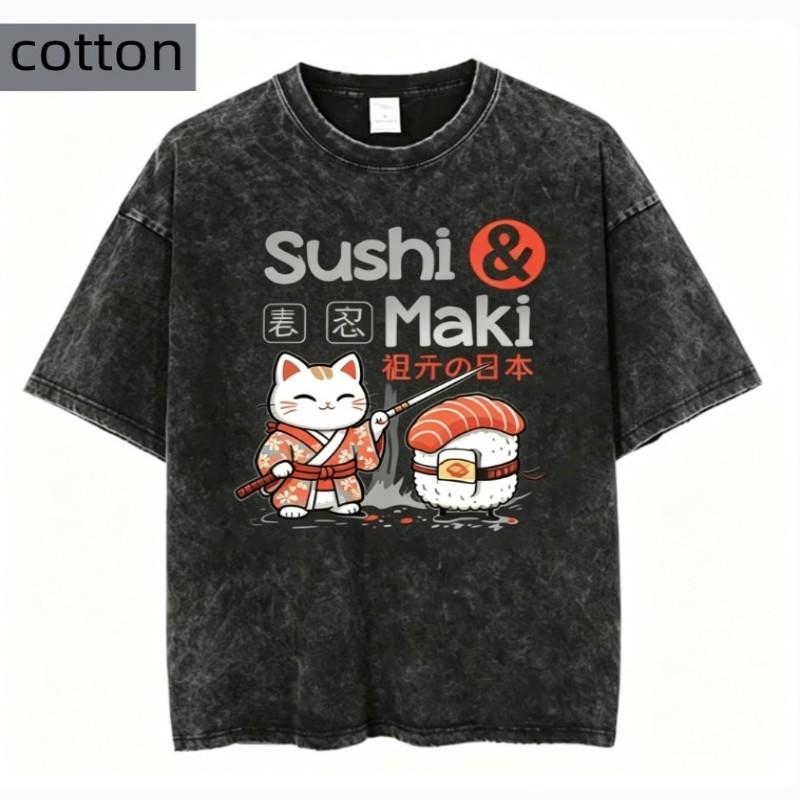 Vintage Sushi Maki Samurai Cat Graphic Tee Women Japanese Style Print T Shirt Summer Retro Aesthetic Harajuku Streetwear Top