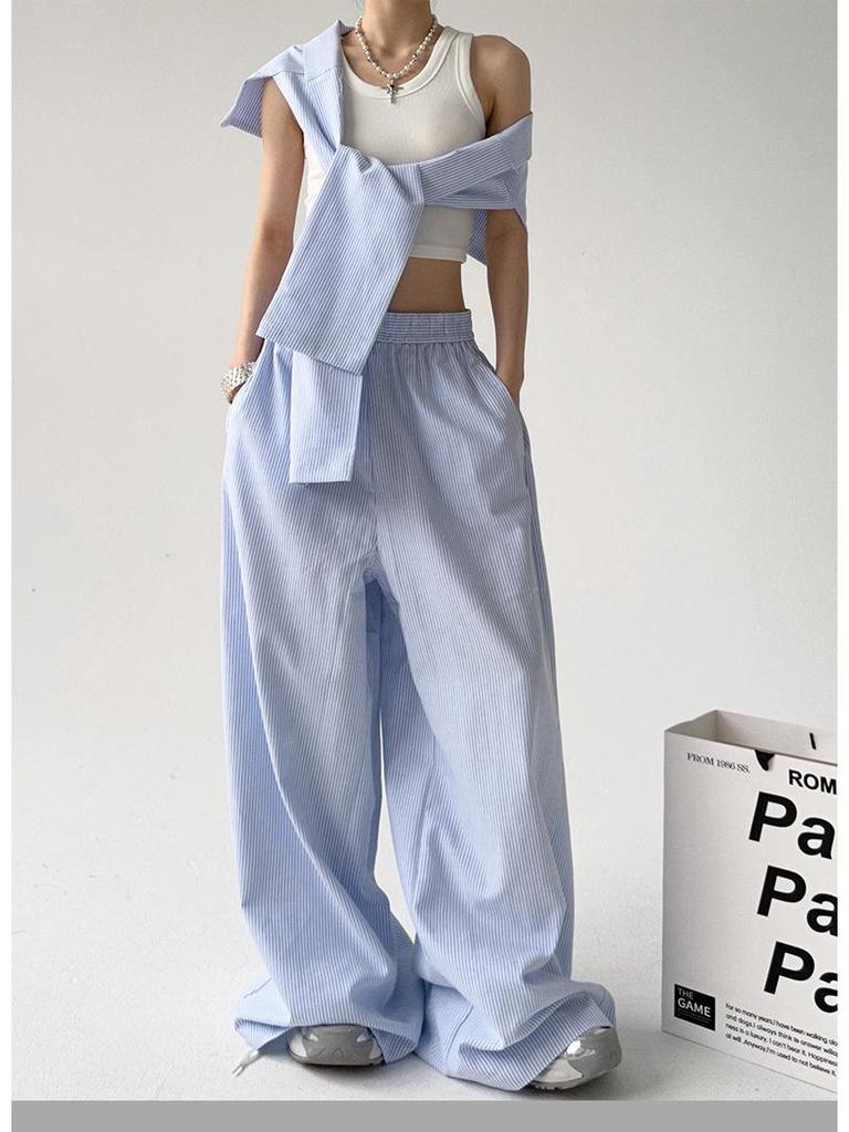 Модные синие полосатые брюки с высокой посадкой и широкими штанинами, со шнуровкой на талии, идеально подходят для весны и осени, доступны сейчас