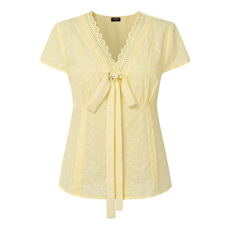VONDA Women V Neck Short Sleeve Embroidery Buttons Up Crochet Lace Casual Blouse