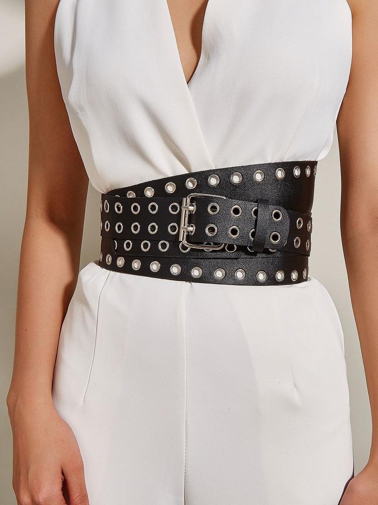 Row Buttonhole Double Extended Womens Waistband Elastic Decoration Dress