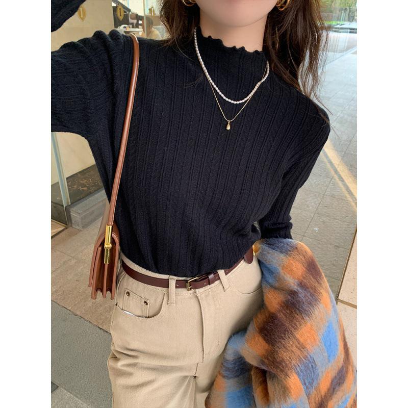 Ruffled Half-High Collar Knit Sweater for Women - Autumn/Winter 2025 Long Sleeve Top