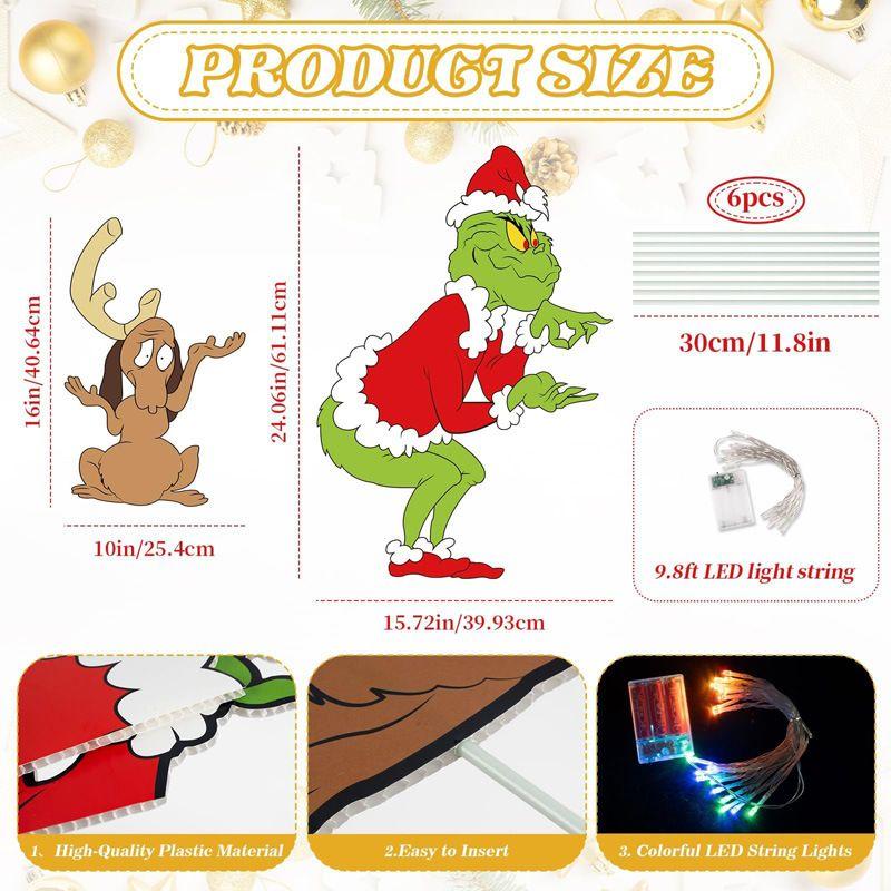 LED Grinches Outdoor Christmas Decorations Fence Yard Decorations 3M LED Lights BATTERY POWER Yard Signs for Christmas Holiday Garden