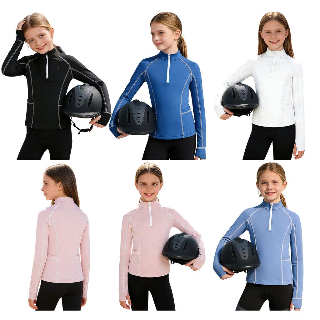 Детская рубашка для девочек для верховой езды с воротником-стойкой, длинными рукавами, отверстиями для большого пальца, застежкой-молнией, пуловер, спортивный топ с карманами